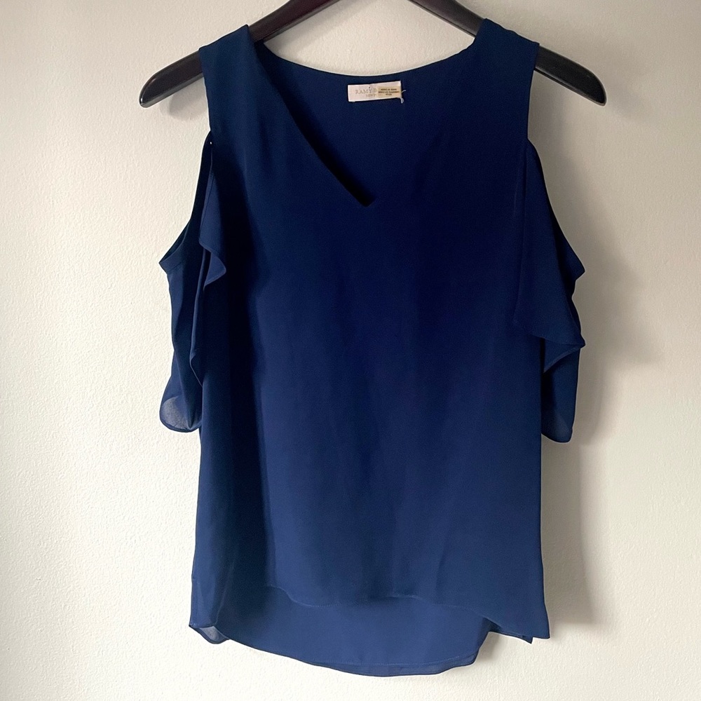 Ramy Brook Navy Silk Cold Shoulder V-Neck Top